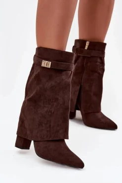 Ocieplane Botki Damskie Na Słupku Z Ozdobnym Paskiem Czekoladowe Luvielle