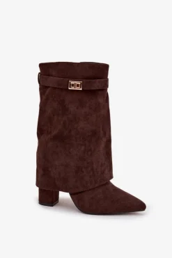 Ocieplane Botki Damskie Na Słupku Z Ozdobnym Paskiem Czekoladowe Luvielle