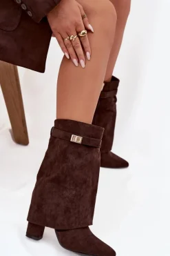 Ocieplane Botki Damskie Na Słupku Z Ozdobnym Paskiem Czekoladowe Luvielle