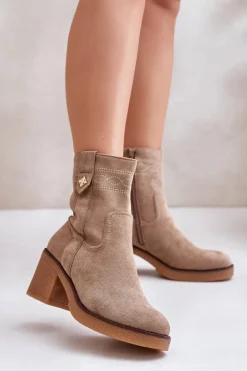 Ocieplane Botki Damskie Na Obcasie Słupku Beżowe Vailia