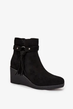 Ocieplane Botki Damskie Na Koturnie Z Frędzlami Czarne Olivarae