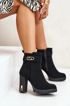 Ocieplane Botki Damskie Na Słupku Na Zamek Czarne Narielis