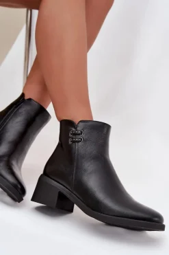 Ocieplane Botki Damskie Na Klocku Czarne Delmira