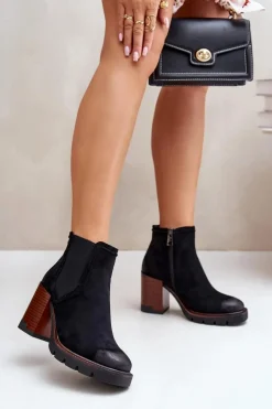 Ocieplane Botki Damskie Na Słupku Z Eko Zamszu Vinceza 58356 Czarne