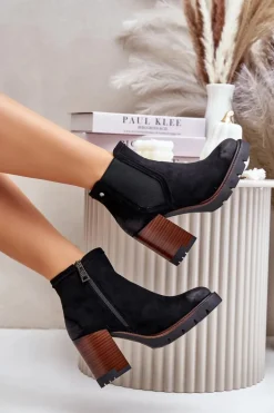 Ocieplane Botki Damskie Na Słupku Z Eko Zamszu Vinceza 58356 Czarne