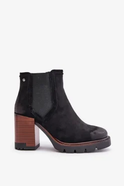 Ocieplane Botki Damskie Na Słupku Z Eko Zamszu Vinceza 58356 Czarne