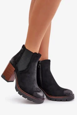Ocieplane Botki Damskie Na Słupku Z Eko Zamszu Vinceza 58356 Czarne