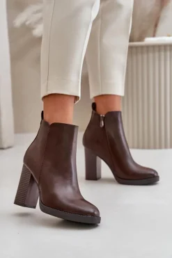 Ocieplane Botki Damskie Na Słupku Eko Skórzane Ciemnobrązowe Teresine
