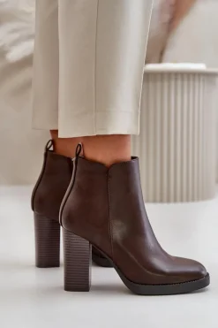 Ocieplane Botki Damskie Na Słupku Eko Skórzane Ciemnobrązowe Teresine