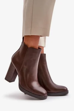 Ocieplane Botki Damskie Na Słupku Eko Skórzane Ciemnobrązowe Teresine