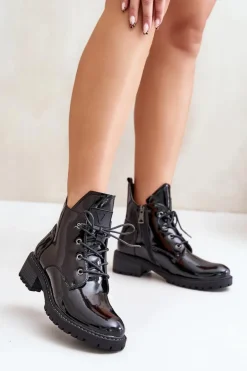 Ocieplane Botki Damskie Na Niskim Obcasie Lakierowane Vinceza 58136 Czarne