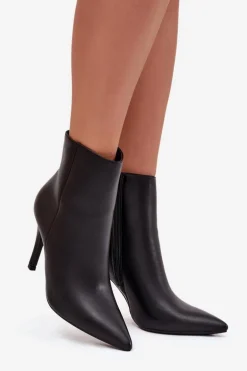 Ocieplane Botki Damskie Na Szpilce Eko Skórzane Czarne Nolisse