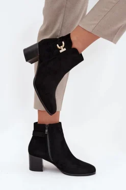Ocieplane Botki Damskie Na Słupku Ze Złotym Detalem Czarne Renora