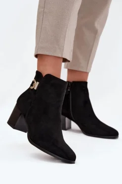 Ocieplane Botki Damskie Na Słupku Ze Złotym Detalem Czarne Renora