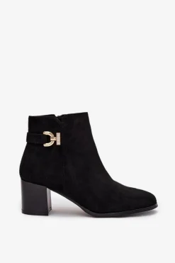 Ocieplane Botki Damskie Na Słupku Ze Złotym Detalem Czarne Renora