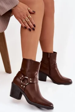 Ocieplane Botki Damskie Na Słupku Z Ozdobnym Elementem Brązowe Jurelle