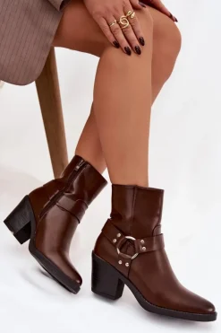 Ocieplane Botki Damskie Na Słupku Z Ozdobnym Elementem Brązowe Jurelle