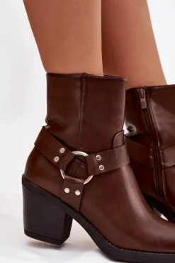 Ocieplane Botki Damskie Na Słupku Z Ozdobnym Elementem Brązowe Jurelle