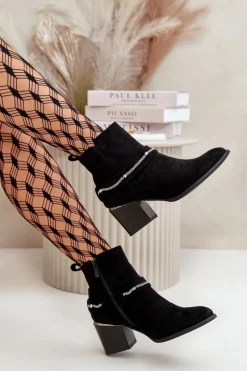 Ocieplane Botki Damskie Na Słupku Z Łańcuszkiem Eko Zamszowe Czarne Hanalen