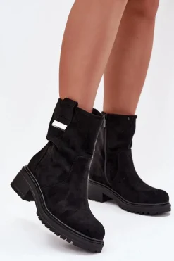Ocieplane Botki Damskie Na Niskim Obcasie Czarne Mirellea