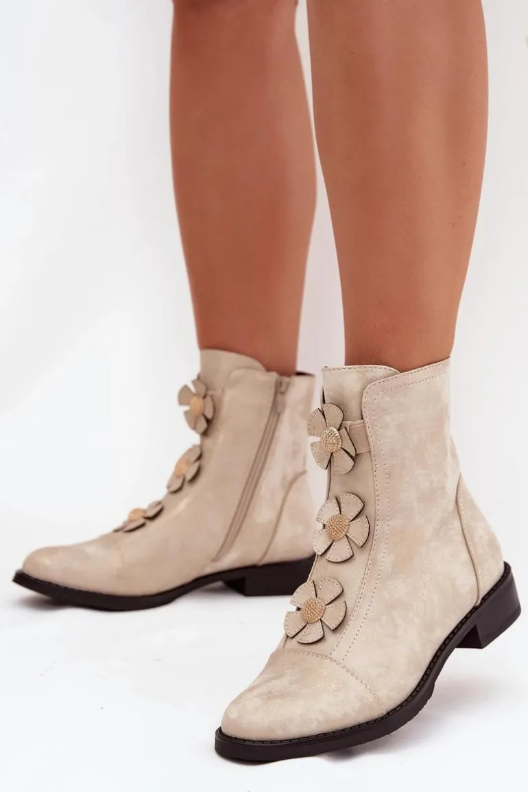 Ocieplane Botki Damskie Na Płaskim Obcasie Z Ozdobnymi Kwiatkami Złote Pravienne