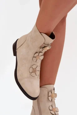 Ocieplane Botki Damskie Na Płaskim Obcasie Z Ozdobnymi Kwiatkami Złote Pravienne