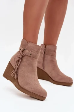 Ocieplane Botki Damskie Na Koturnie Z Frędzlami Beżowe Olivarae