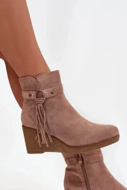 Ocieplane Botki Damskie Na Koturnie Z Frędzlami Beżowe Olivarae