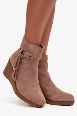 Ocieplane Botki Damskie Na Koturnie Z Frędzlami Beżowe Olivarae