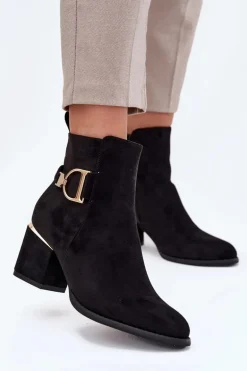 Ocieplane Botki Damskie Na Słupku Ze Złotymi Elementami Czarne Ambrine