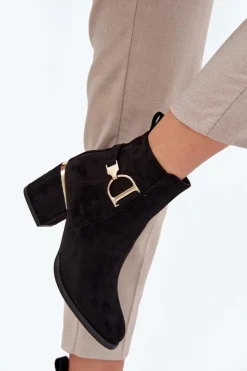 Ocieplane Botki Damskie Na Słupku Ze Złotymi Elementami Czarne Ambrine