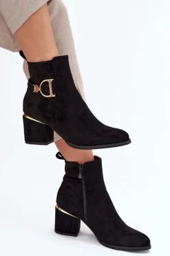 Ocieplane Botki Damskie Na Słupku Ze Złotymi Elementami Czarne Ambrine