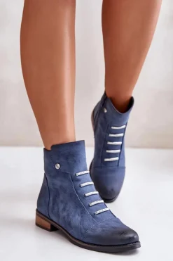 Ocieplane Botki Damskie Na Płaskim Obcasie Niebieskie Labise