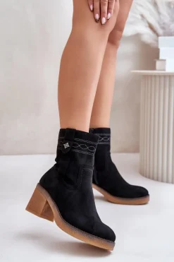 Ocieplane Botki Damskie Na Obcasie Słupku Czarne Vailia