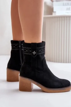 Ocieplane Botki Damskie Na Obcasie Słupku Czarne Vailia