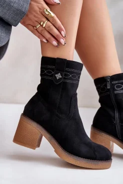 Ocieplane Botki Damskie Na Obcasie Słupku Czarne Vailia