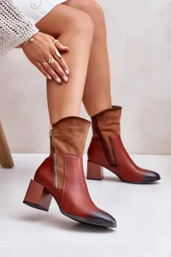 Ocieplane Botki Damskie Na Obcasie Słupku Brązowe Relabina