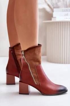 Ocieplane Botki Damskie Na Obcasie Słupku Brązowe Relabina