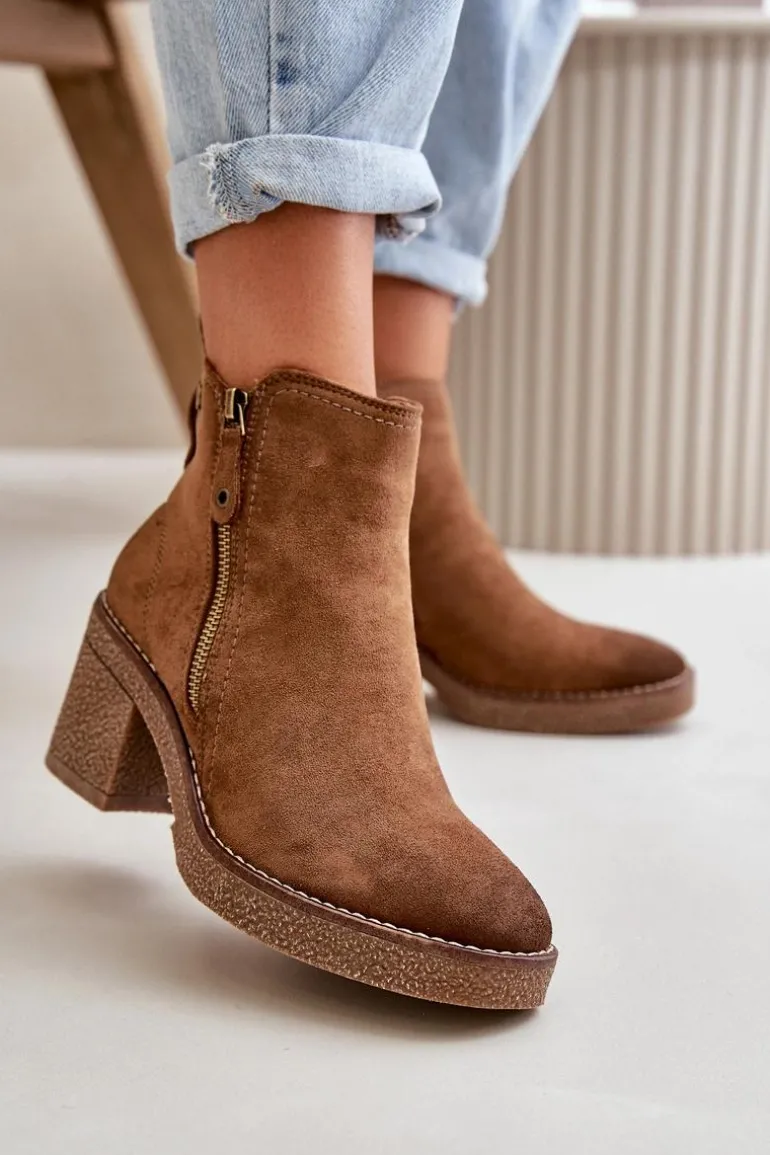 Ocieplane Botki Damskie Na Słupku Z Eko Zamszu Brązowe Velarilla