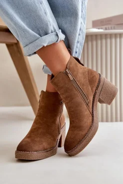 Ocieplane Botki Damskie Na Słupku Z Eko Zamszu Brązowe Velarilla