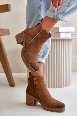 Ocieplane Botki Damskie Na Słupku Z Eko Zamszu Brązowe Velarilla