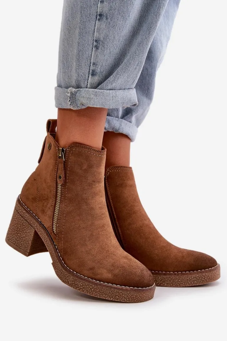 Ocieplane Botki Damskie Na Słupku Z Eko Zamszu Brązowe Velarilla