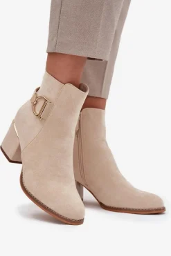 Ocieplane Botki Damskie Na Słupku Ze Złotymi Elementami Jasnobeżowe Ambrine