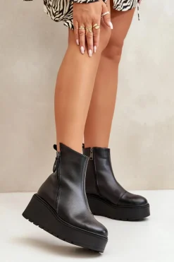 Ocieplane Botki Damskie Na Koturnie I Platformie Skóra Naturalna Czarne Vinceza 58340