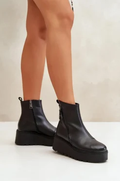 Ocieplane Botki Damskie Na Koturnie I Platformie Skóra Naturalna Czarne Vinceza 58340