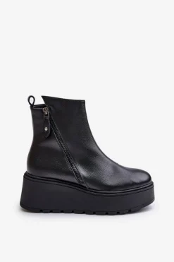 Ocieplane Botki Damskie Na Koturnie I Platformie Skóra Naturalna Czarne Vinceza 58340