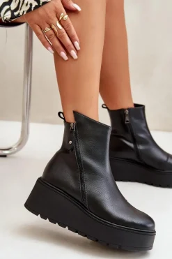 Ocieplane Botki Damskie Na Koturnie I Platformie Skóra Naturalna Czarne Vinceza 58340