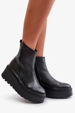 Ocieplane Botki Damskie Na Koturnie I Platformie Skóra Naturalna Czarne Vinceza 58340