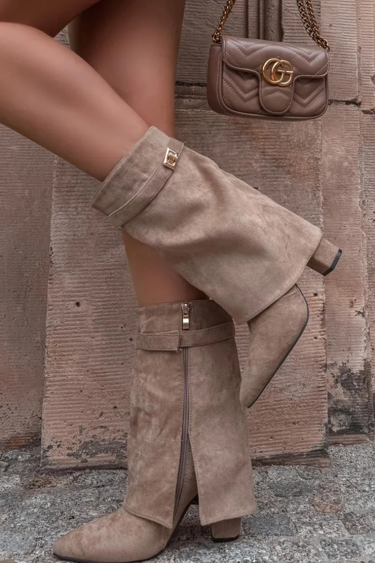 Ocieplane Botki Damskie Na Słupku Z Ozdobnym Paskiem Khaki Luvielle