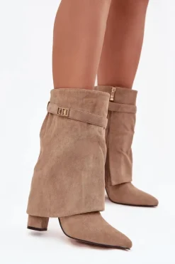 Ocieplane Botki Damskie Na Słupku Z Ozdobnym Paskiem Khaki Luvielle